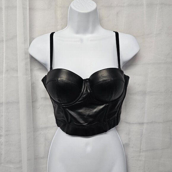 Black Faux Leather Tank Crop Vamp Grunge Punk Goth Pushup 34B - Picture 10 of 10